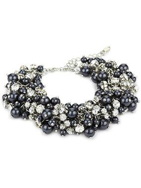 Nina Bridal Peony CHARCOAL Glass Pearl & Czech Crystal Cluster Bracelet Black